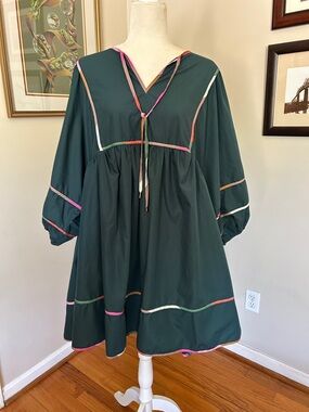 Dark Green Peasant Tunic Dress with Colorful Piping By Entro Size 1x